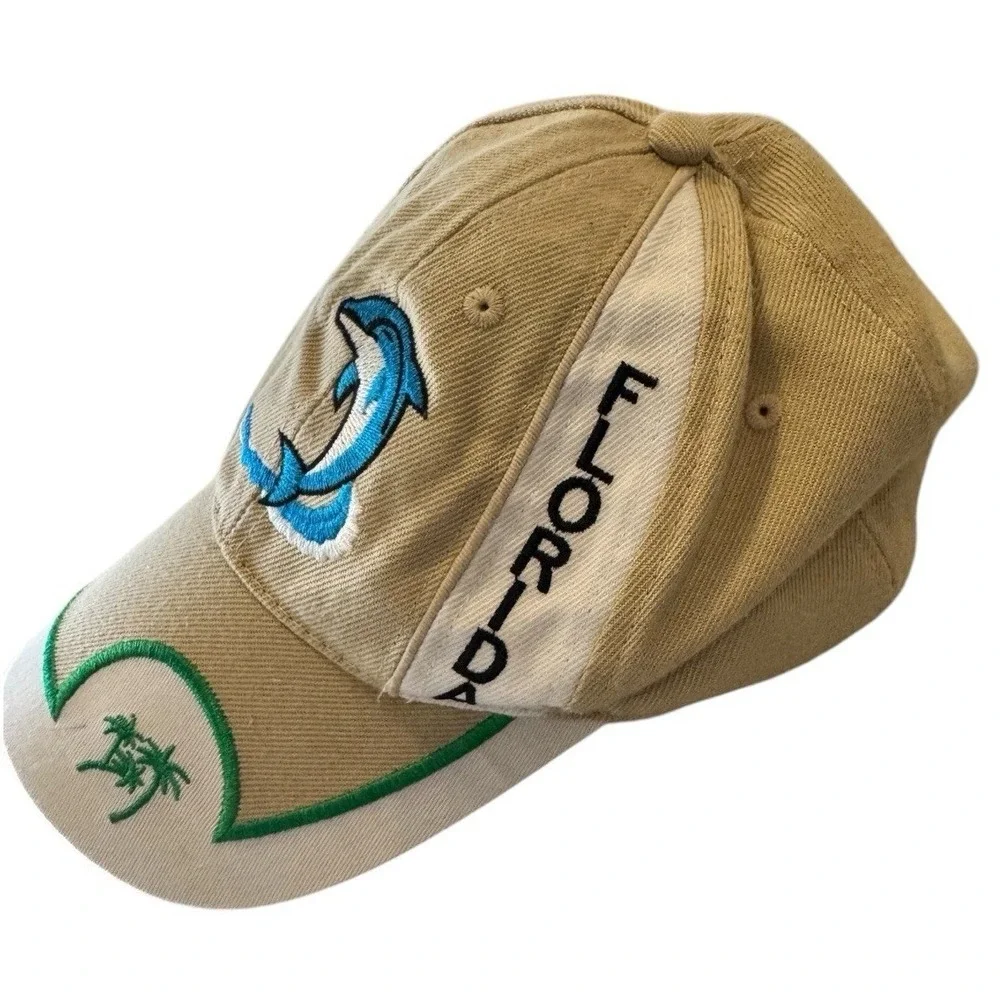 Florida Souvenir Hat Khaki Tan Blue Dolphin Palm Tree Beach Baseball Cap Mens